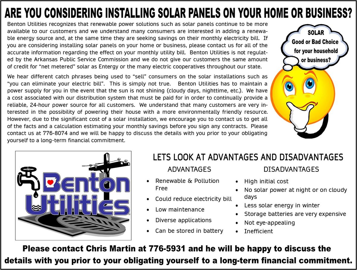 Benton Utilities: ARE YOU CONSIDERING INSTALLING SOLAR PANELS ON YOUR HOME OR BUSINESS?