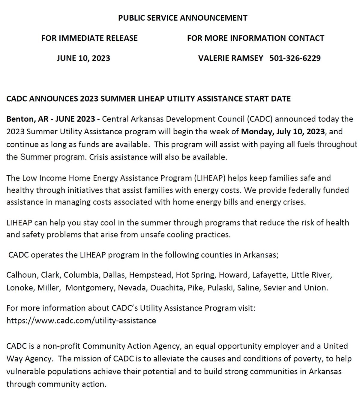 Benton Utilities: Public Service Announcement-CADC Utility Assistance Start Date